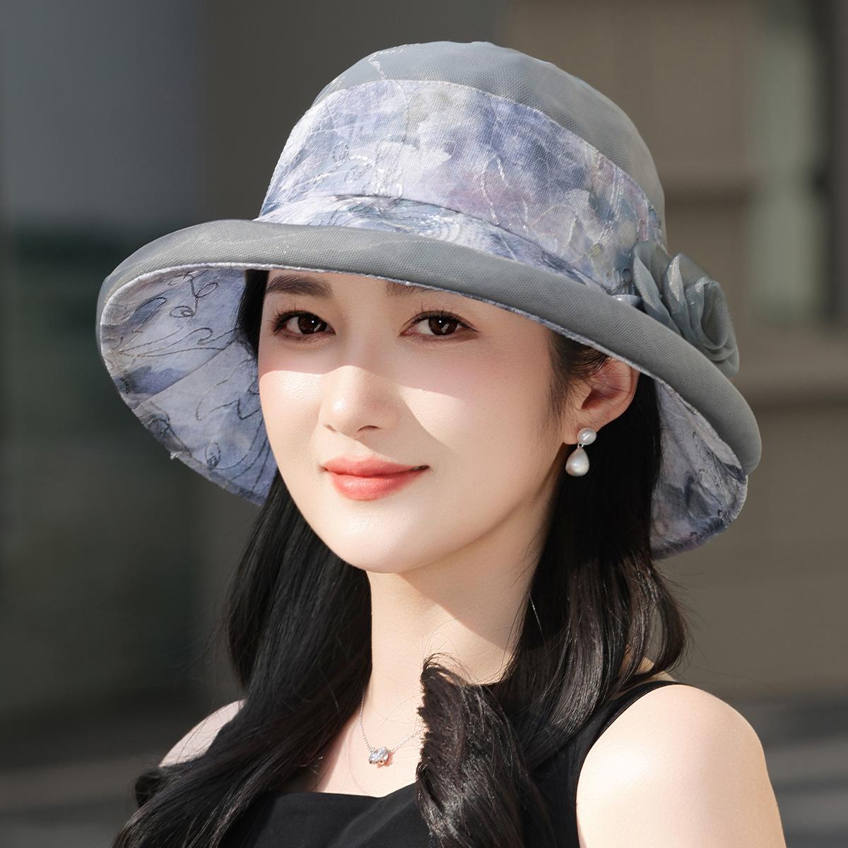 

Top hat summer basin hat women s fashion sun hat elegant versatile sun protection thin big eaves flower bucket hat M（56-58cm） фіолетовий