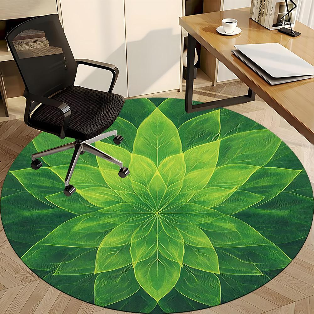 1PC Green Leaf Mandala Office Round Rug, Non slip, Soft and Durable Office Rug for Interior Decoration, Perfect for Office