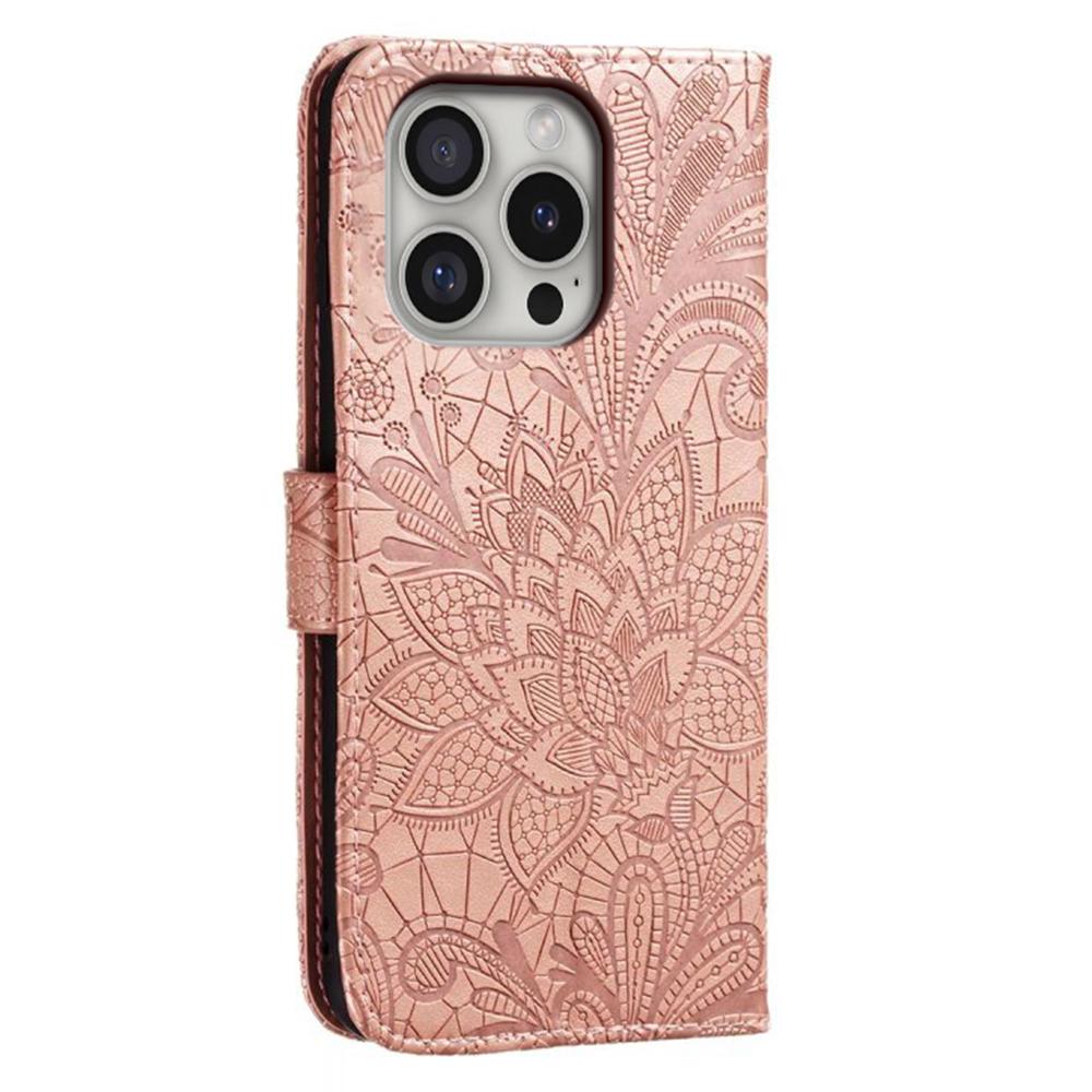 For iPhone 16 Pro Max Case Lace Flowers PU Leather Flip Wallet Phone Cover