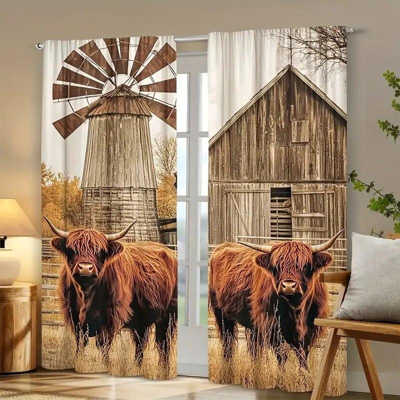 Set Of 2 Farmhouse Style Ox Pattern Printed Curtains Window Decoration Home Room Curtain Polyester