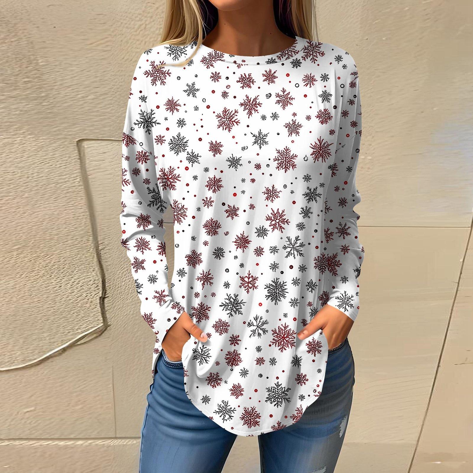 

Женская свободная футболка с круглым вырезом и рождественским принтом, длинный рукав, пуловер L белый