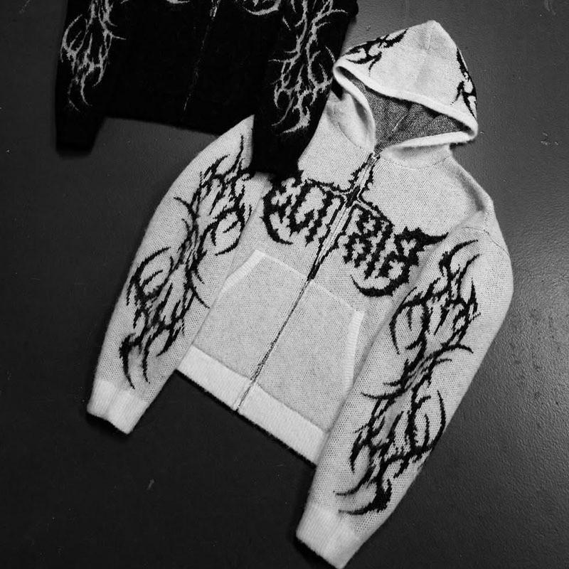 Vintage Streetwear Hooded Sweater Letter Crochet Gothic Style Unisex Loose Fit
