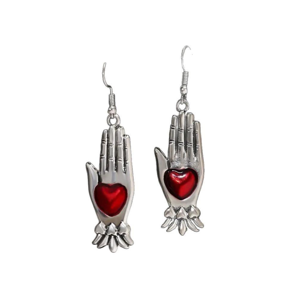 Gothic Retro Sliver Color Palm Blood Red Enamel Heart Relief Dangle Earrings for Women Halloween Magic Witch Jewelry Accessories