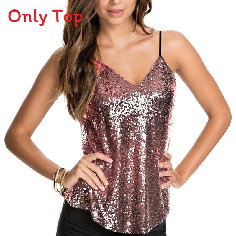 Top Canotta Sexy Glitterato da Donna con Scollo a V ed Micro Elasticità per la Moda Estiva