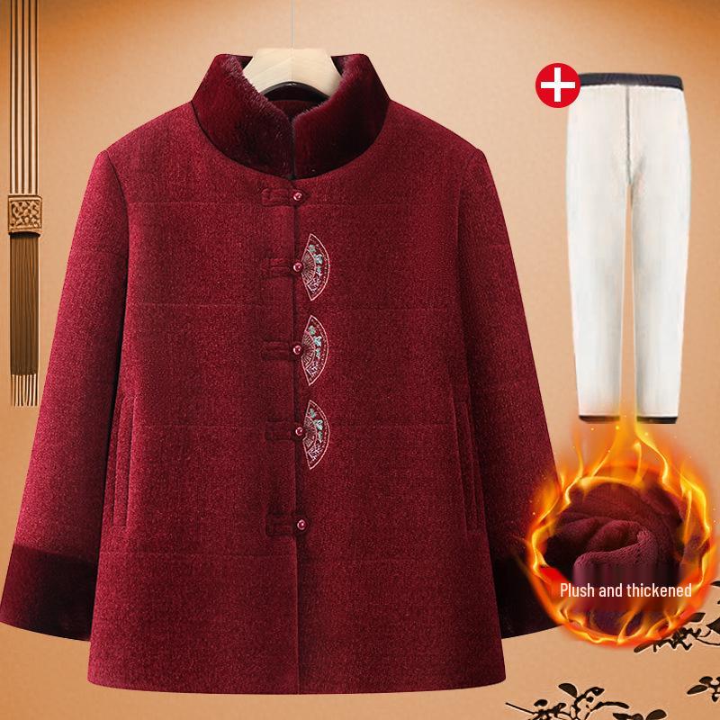 Elderly Women's Red Winter Tang Suit Cotton Jacket