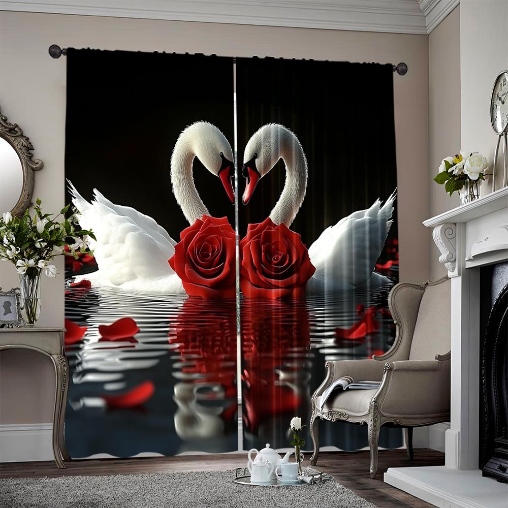 

2pcs spring summer Curtains Romantic Swan Couple and Red Roses Sheer Curtains Durable Polyester Versatile All Use for Bedroom 100*130 HOOK 1pcs