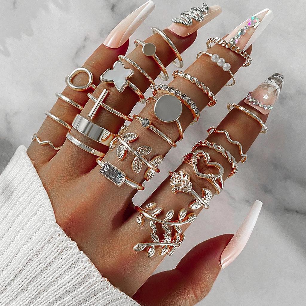 23-Piece Set: Black Butterfly Diamond & Pearl Knuckle Rings for Women