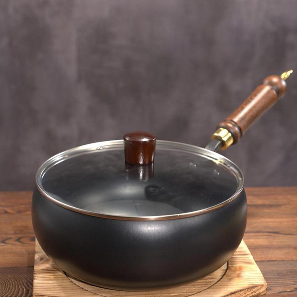 24CM Chinese Wok Wooden Handle Non-Stick Pan with Lid Iron Wok for Home Camping Restaurant Hotel Kitchen