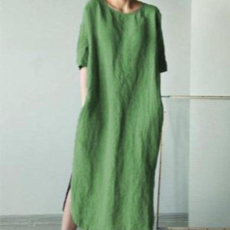 

Хлопково-льняное платье миди с круглым вырезом, короткими рукавами, однотонное, с боковыми разрезами и карманом 5XL зелёный