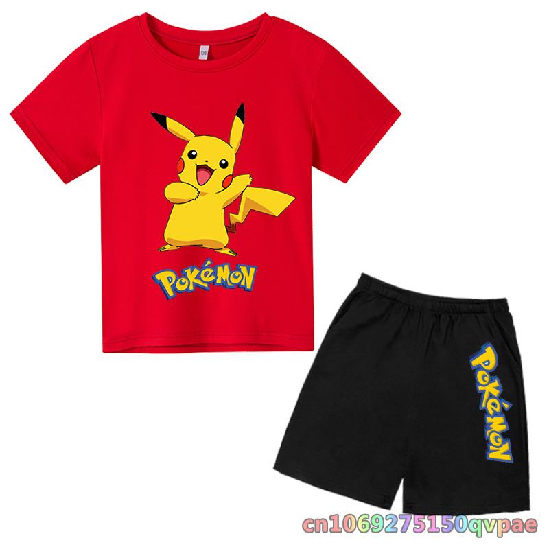 Children's Clothes Cartoon Summer Kids Animal Pokemon T-shirt Set Boys' Clothing  Leisure Cotton Pikachu Print Short Sleeve