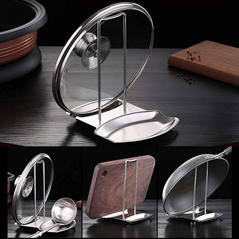 Stainless Steel Kitchen Pan Lid Holder and Spoon Rest Cookware Organizer Desktop Uncluttered Solution Space Saving Racks
