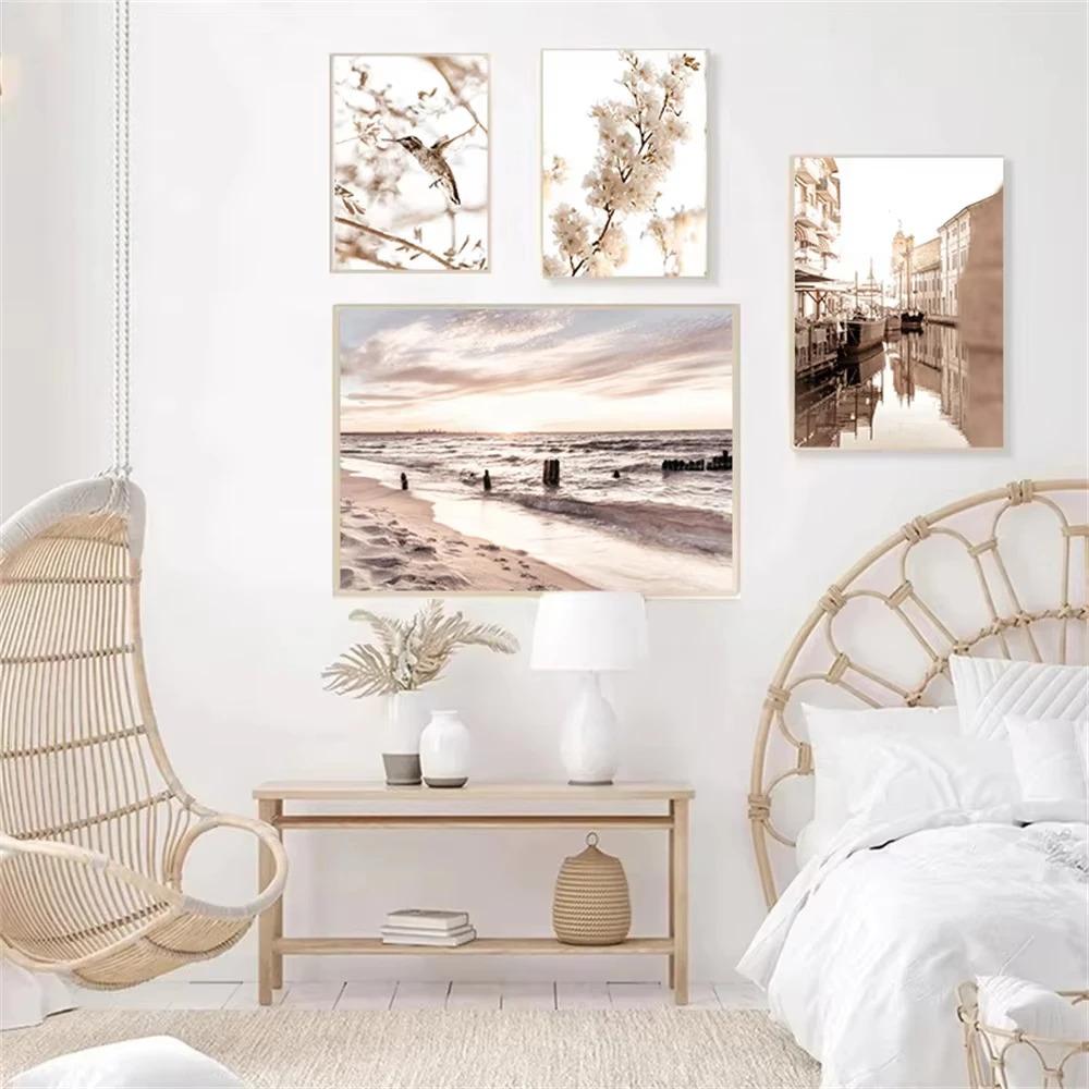 Beige Landscape Sunset Bridge Poster Seaside Canvas Print Painting Reed Flower Bird Wall Art Nordic Living Room Decoration Mural
