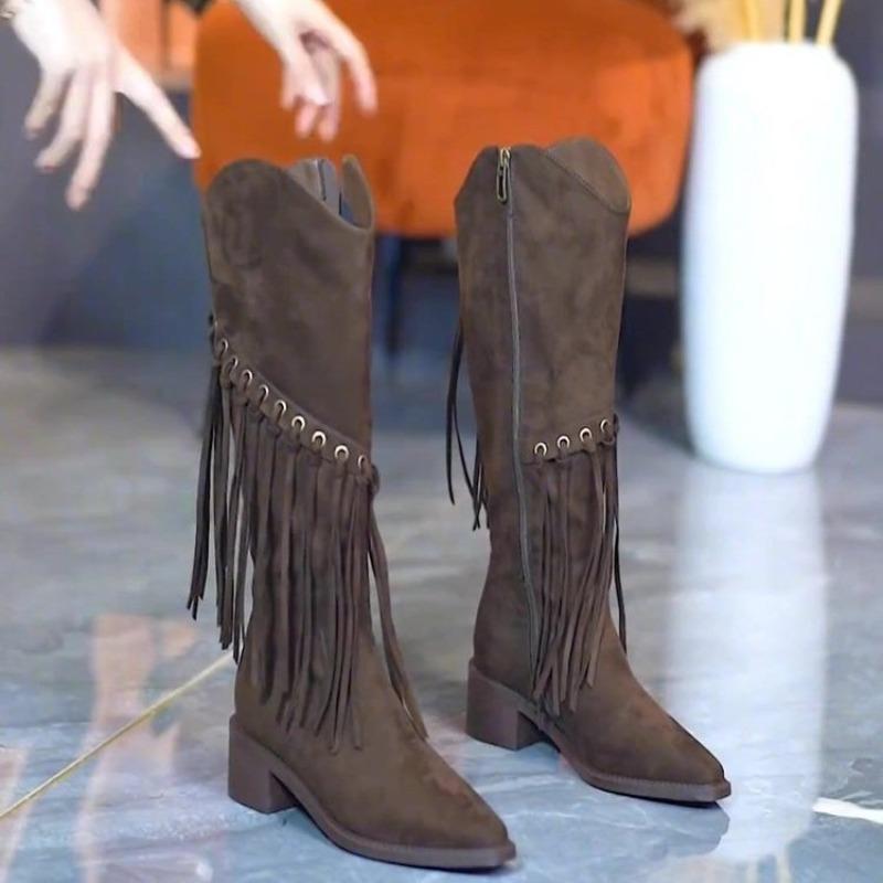 Módní dámské kozačky Semišové Dlouhá holeň Módní dámské Boční zip Silný podpatek Kozačky s třásněmi Vysoká kvalita Špičaté Nízký podpatek Kozačky Botas Mujer