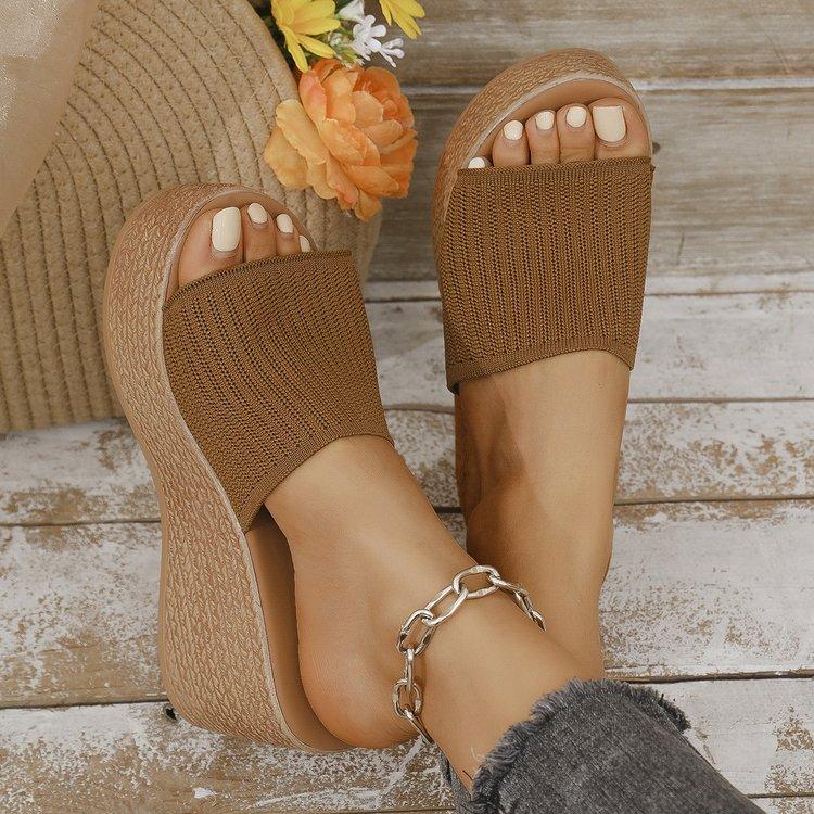 Summer new large size solid color wedge heel one-word slippers women wear thick-soled knitted mesh wedge heel cool slippers