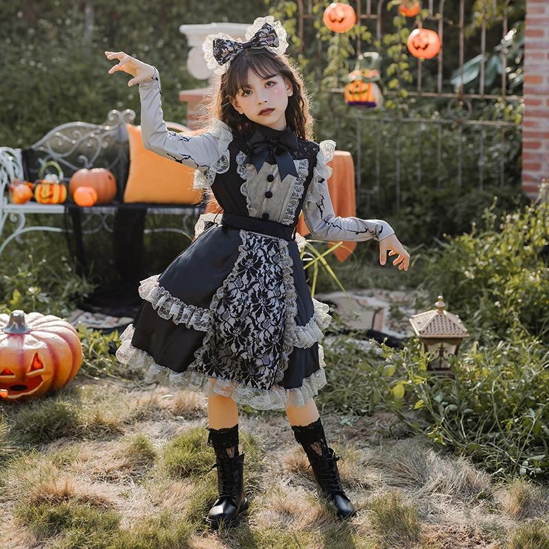 Halloween costume children loli lace dress dark goth witch girls lolita maid
