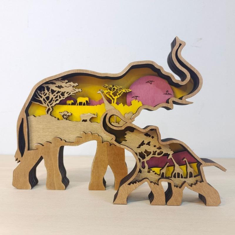 Wooden Elephant Sculpture Carved Mother Baby Elephant Tabletop Decor Creative Home Gift with Natural Wood Craft for Desk