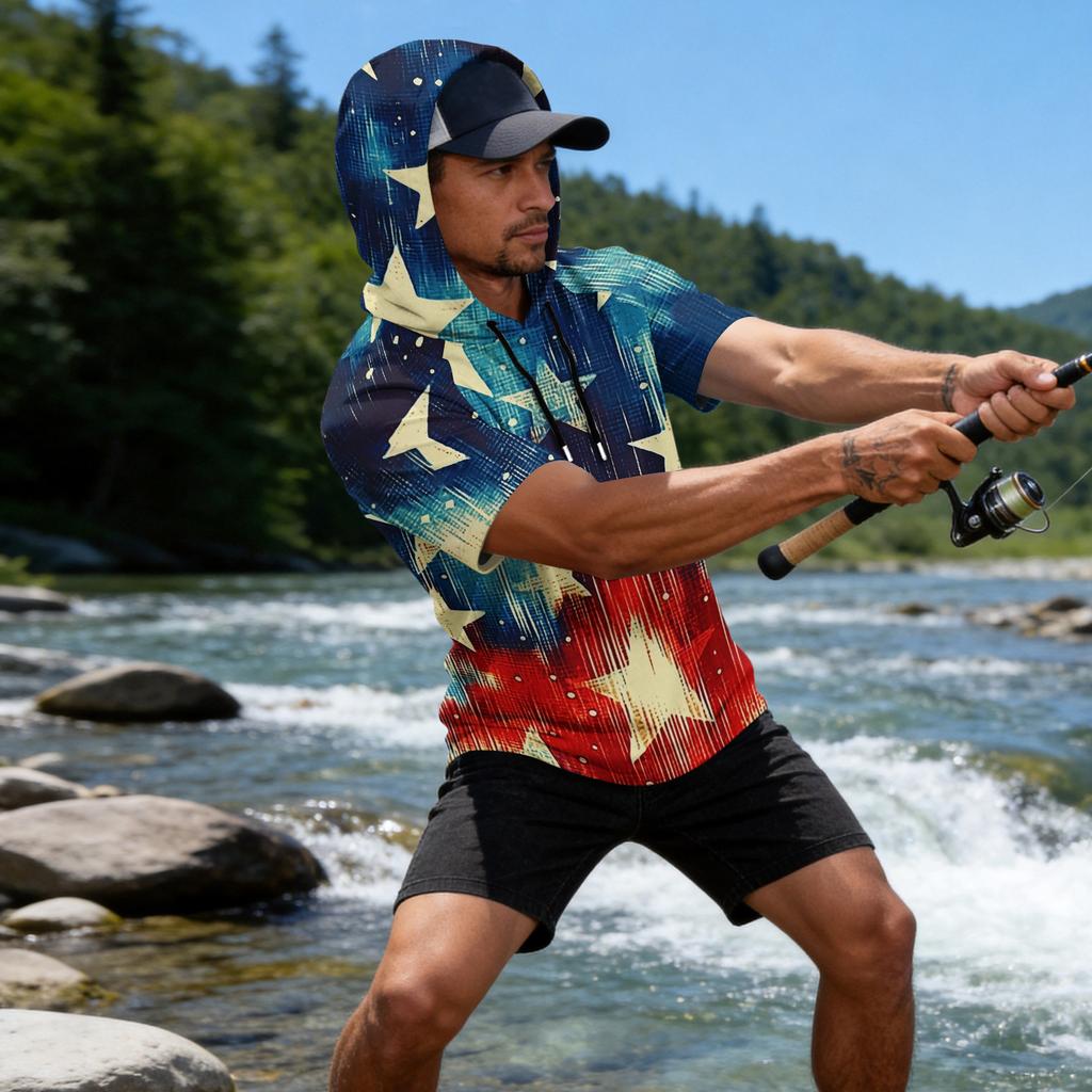 Men's Raglan Sleeve Casual Sport Hoodie Short Sleeve Lightweight Fishing Sun Protection Shirt with Hooded Design