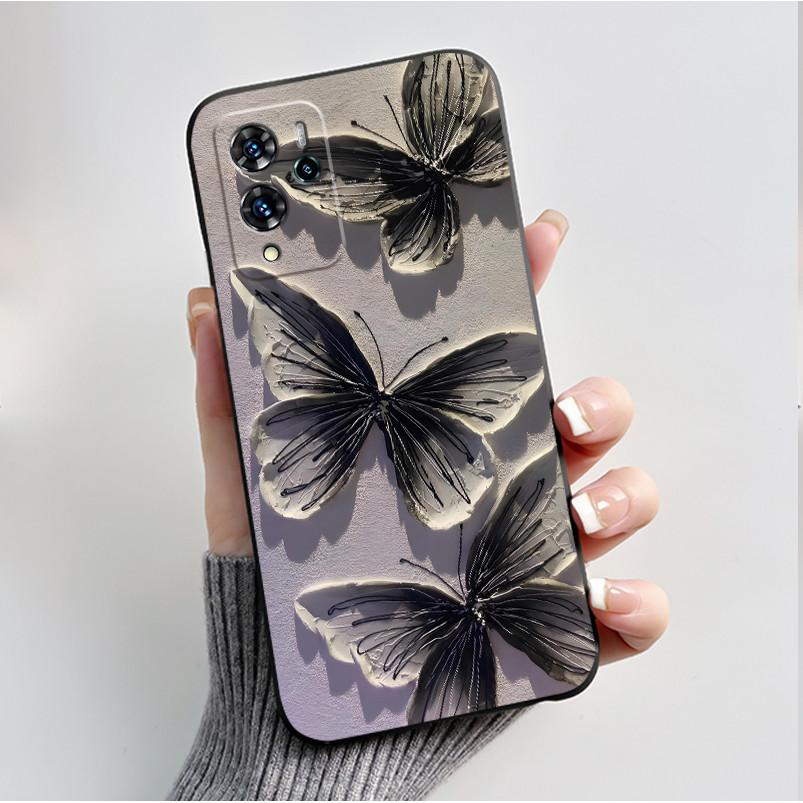 For ZTE V40 Pro 9046 Case Black Jelly Soft Silicone TPU Butterfly Flowers Pattern Phone Casing For ZTE Blade V40 Pro Back Cover