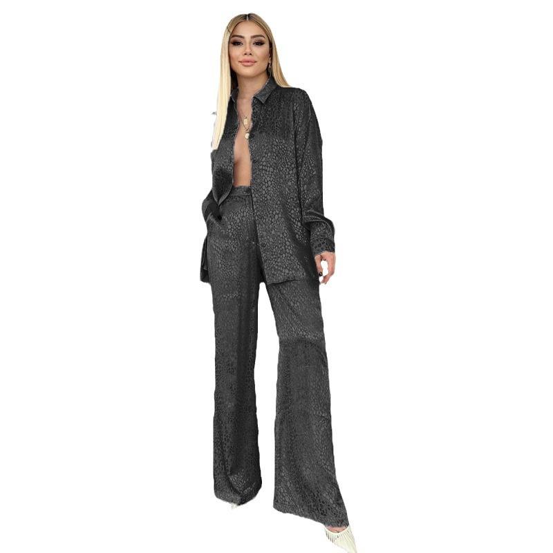 European and American Suit Women's Long-Sleeved Lapel Shirt Leopard Print Trousers Women's Fashion Casual Two-Piece Suit