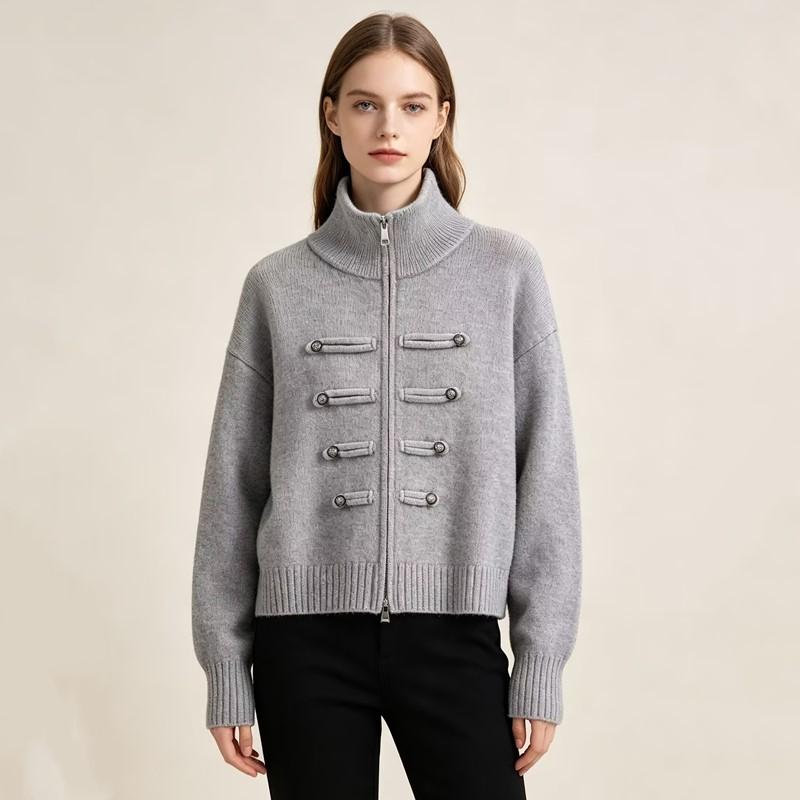 Women's Military Style Casual Loose Zip-Up Knit Cardigan Sweater