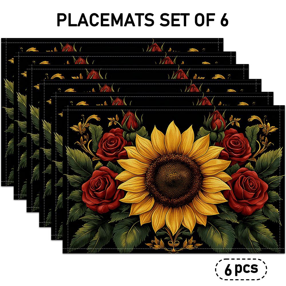 Set of 4/6 Placemats Featuring Sunflower And Red Rose Patterns, Floral Design Table Mats Suitable for Everyday Home Use And Restaurant Decoration, Mea