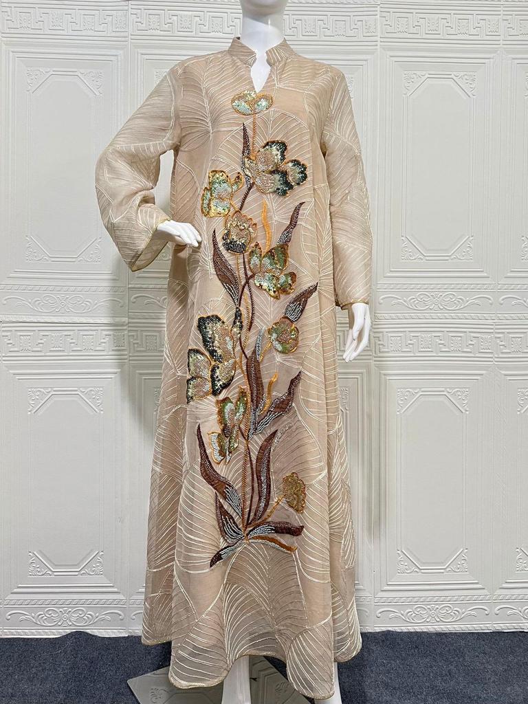 NC132 Embroidered Mesh Abaya Dress - Dubai Style
