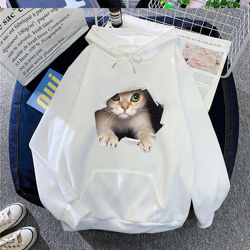 Autumn and Winter Cat Print Loose Hooded Sweatshirt 7013