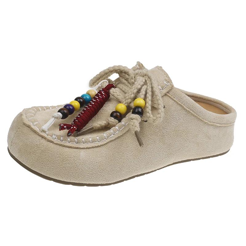 Retro Versatile Outdoor Baotou Lace Up/on Women's Slippers 2025 New Fashion High Quality Solid Flat with Casual Slippers Women