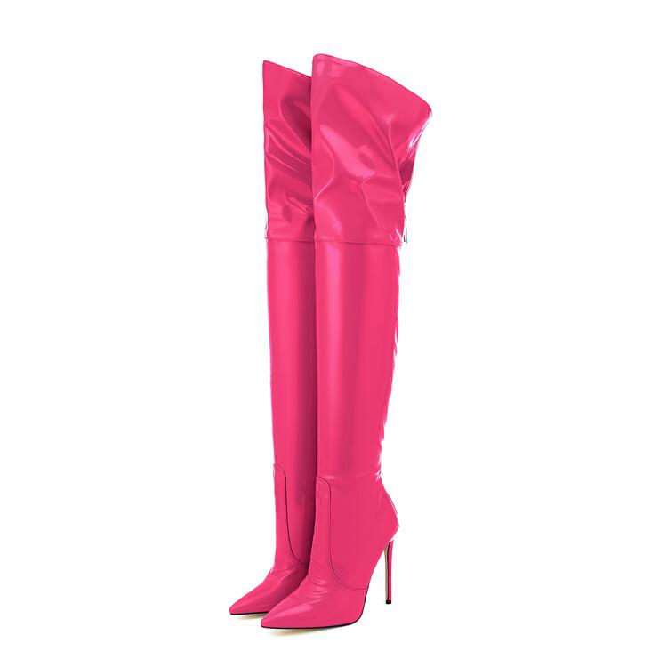 Moda Tamanho 36-47 Preto Marrom Couro Botas Acima do Joelho Mulheres Europeu Americano Outono Inverno Pelúcia Curta Salto Alto 12cm Botas Longas