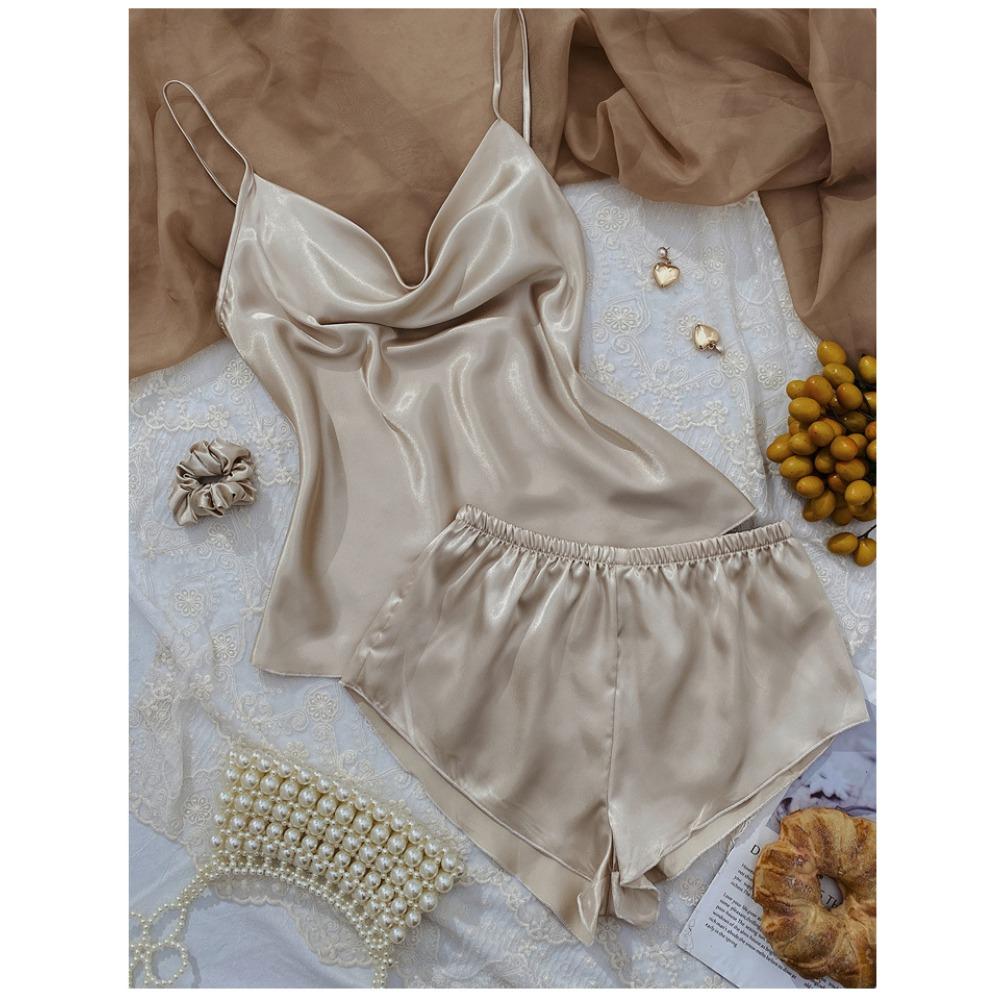 

Однотонная пижама из ледяного шелка для женщин, тонкий домашний комплект с шортами на подтяжках, сексуальный и легкий комплект из двух предметов для дома M