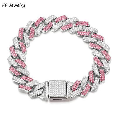 Bracelets Chaîne Maille Cubaine Brillante Hip Hop 14 mm Femmes Hommes Couleur ROSE Strass Iced Out Bracelets Chaîne Punk Bijoux de Poignet