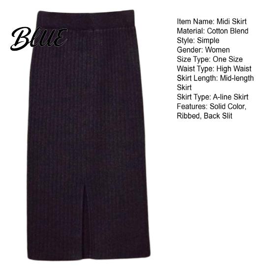 Solid Color Midi Skirt Women Knitting High Waist Back Slit Design Soft Breathable Thickened Warm Hip Wrapped