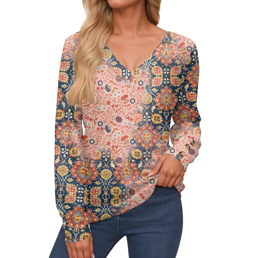 Damenoberteile Langarmmanschetten Button-Up-Hemd V-Ausschnitt Lässiges Lockeres T-Shirt Blumenoberteile