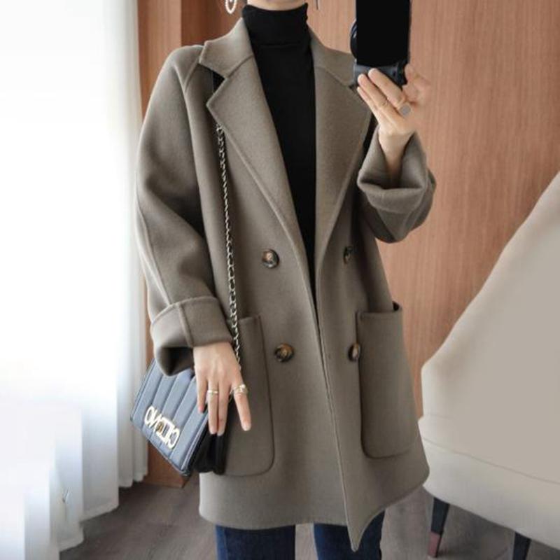 Women Winter Coat Solid Color Loose Double-breasted Turn-down Collar Side Pockets Cold-proof Cardigan Plus Size Thicken Autumn Overcoat Women Garment