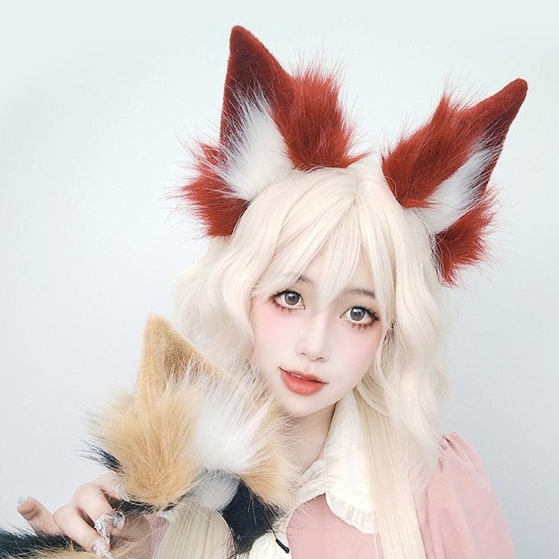 Wolf Foxes Tail Foxes Ears Headband Faux Furs Animal Tail Halloween Christmas Fancy Party Costume Gift for Women Men