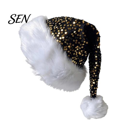 Santa Hat Christmas Sparkly for Women Men, Glitter Sequin with White Fluffy Trim Festive Costume Accessories Cosplay And Pom Pom, Holiday Party Bling