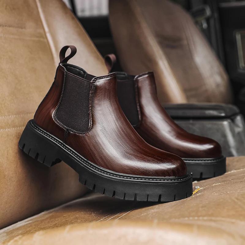 Fashion British Style Men's Street High Top Shoes Thick Soled Wear-resistant Men's Workwear Boots Versatile Black Leather Casual Shoes