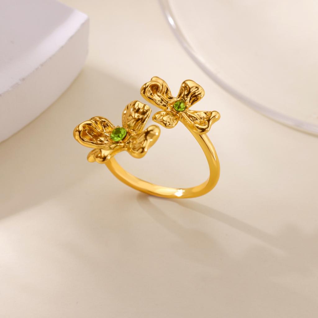 Edelstahl Grün Opal Stein Ringe für Damen Mädchen Vintage Gold Farbe Offener Blumenring Hochzeit Party Schmuck Zubehör