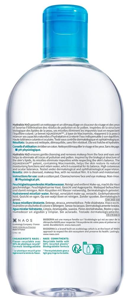 BIODERMA Hydrabio H2O 500 ml Čisticí 12 kusů 1 lahvička [produkt]