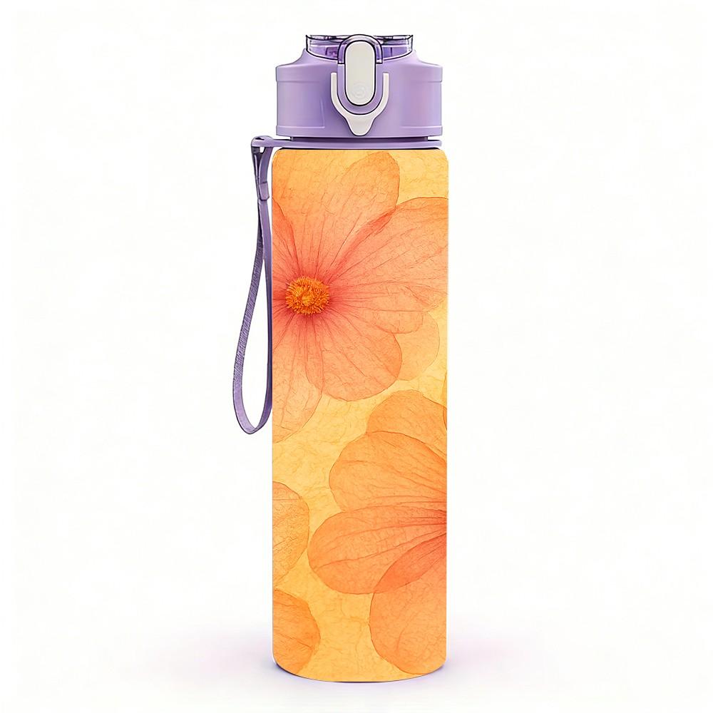 1PC Soft Gradient Orange Pink Daisy Floral Print 750ml Color Plastic Sports Water Bottle Leakproof Flip Straw Lid Suitable for Sports Office Home Use