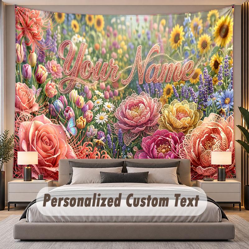 Floral Garden (135) Theme Personalized Tapestry Custom Name Text Wall Hanging Tapestry Home Background Decoration