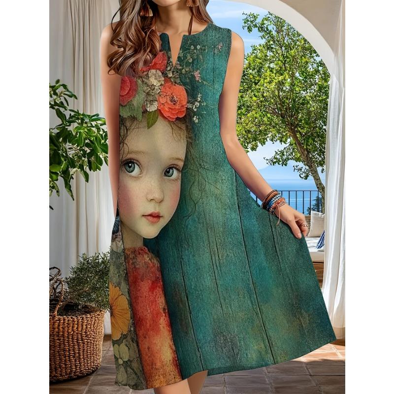 Women s Sleeveless -Neck -Line Midi Dress - Split Neck Beach Dress with Artistic Print S