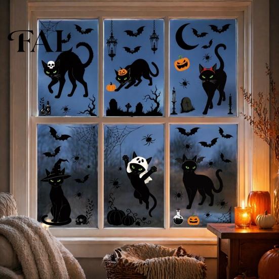 Indoor Seasonal Glass Art 6 Sheets/Set Black Cat Window Stickers, Adhesive Free Static Clings, No Residue Holiday Decorations Halloween Bat