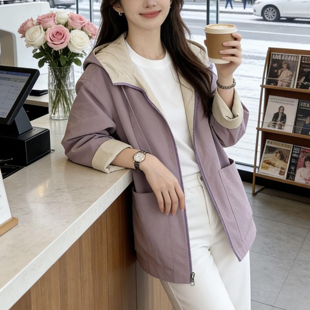 Women Mid Length Reversible Hooded Jacket Spring Autumn Loose Casual Windbreaker