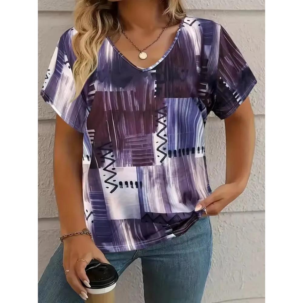 Summer plaid women's V-neck T-shirt outdoor casual short-sleeved top