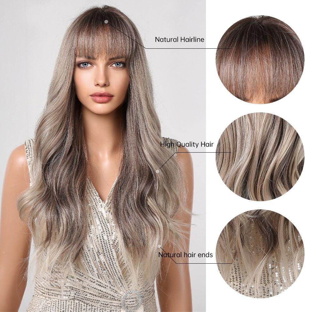Long Wavy Synthetic Wig with Bangs Ombre Gray Brown Highlight Hair Cosplay Daily Natural Wig for Women Heat Resistant Fiber Wig