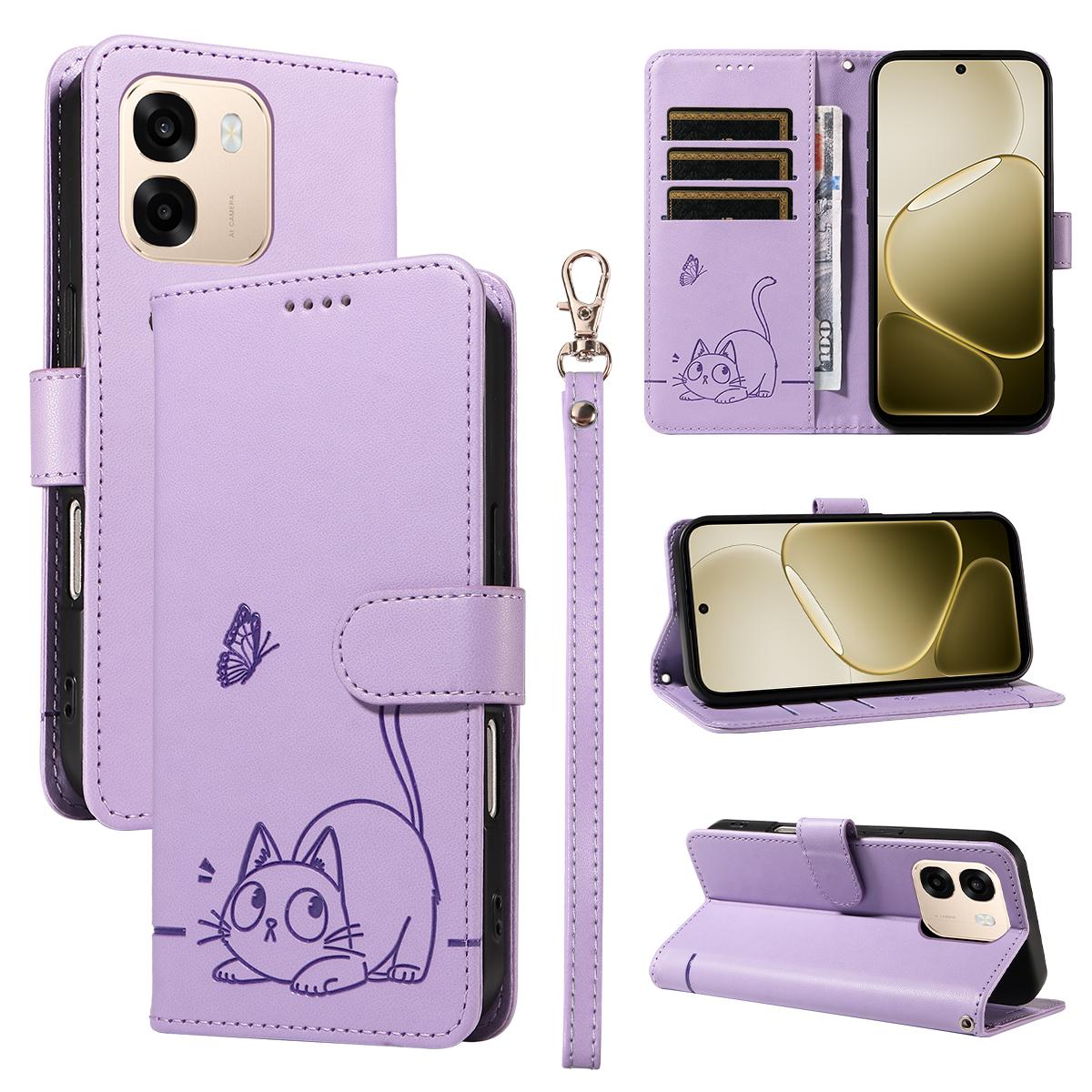 Чехол для Oppo A6 5G/Oppo A6x 5G, кожаный чехол для телефона с тиснением в виде кошек, с ремешком на запястье
