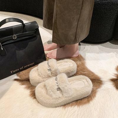 Mao Mao Slippers Women's Outer Wear New Autumn and Winter Internet Celebrity Fashion Versatile Rhinestone Thick Bottom Velvet One-word Cotton Mop