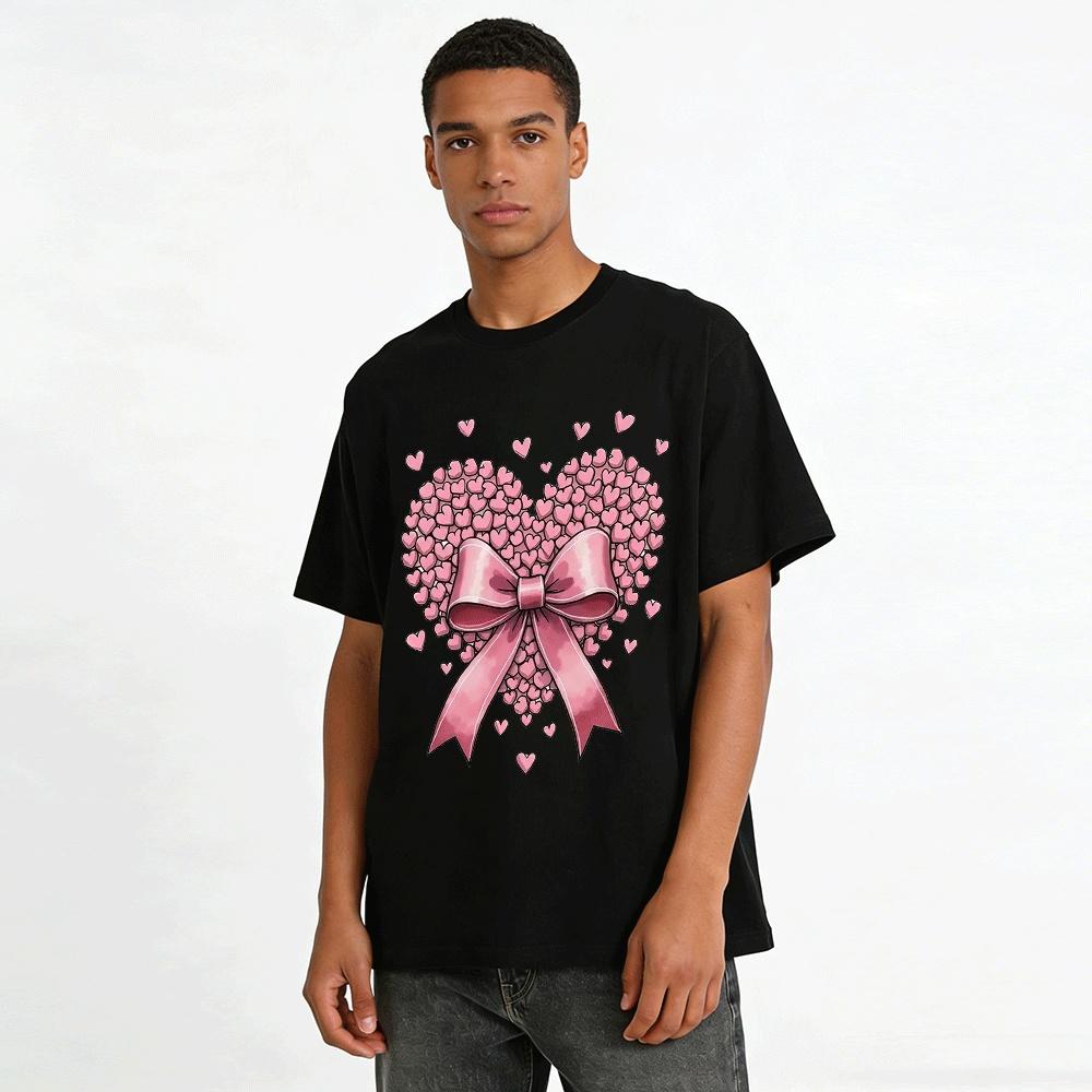 Sweet Style Casual Top With Heart Bow All Over Print Pure Cotton T-shirt