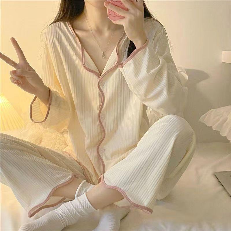 Pigiama Set Loungewear Maniche Lunghe Pantaloni Primavera Autunno da Donna Semplice Bordo Arricciato Largo Studentesca Tuta Larga
